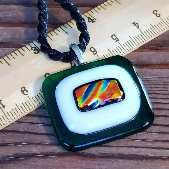Artisan Green White Black Multi Fused Dichroic Glass Rectangle Pendant Necklace - Picture 5 of 6